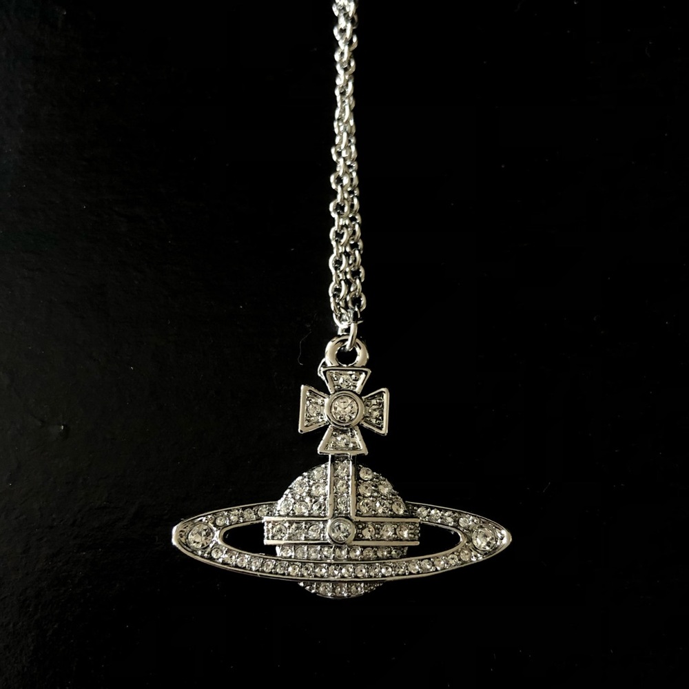 Silver Saturn Orb Necklace W/Clear Jewels